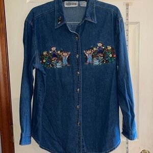 VTG-90s Lauren Brooke-L-medium denim-button up,embroidered bears gardening shirt